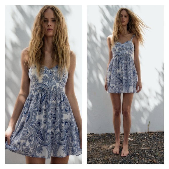 ZARA White Blue Floral Linen Blend Mini Sundress XS Blogger Favorite NWT Greece - Picture 1 of 7